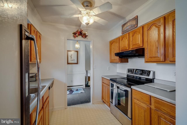 kitchen featuring ornamental molding, appliances with stainless steel finishes, a baseboard heating unit, and pendant lighting