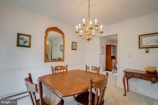 dining area featuring baseboard heating, light colored carpet, ornamental molding, and an inviting chandelier