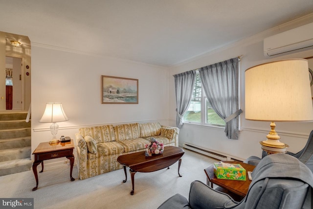 carpeted living room with crown molding, a wall mounted air conditioner, and baseboard heating