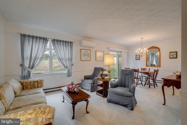 living room featuring light carpet, a wealth of natural light, a baseboard radiator, and a wall mounted AC