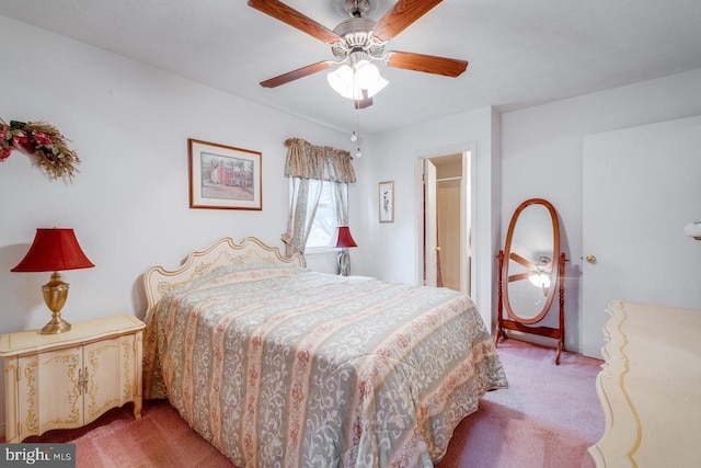 bedroom with light carpet and ceiling fan