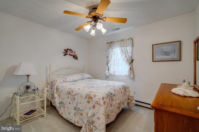 bedroom featuring light carpet, a baseboard radiator, ornamental molding, and ceiling fan