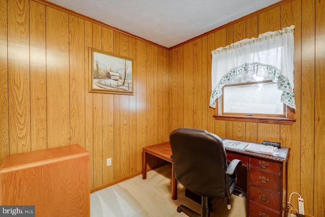 carpeted office with a textured ceiling and wood walls