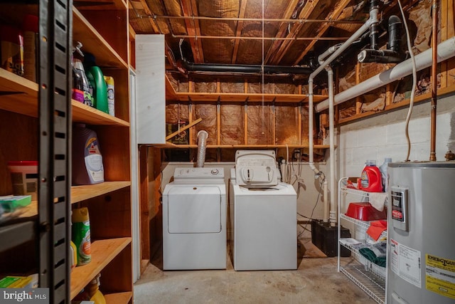 laundry room featuring water heater and separate washer and dryer