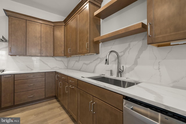 kitchen with stainless steel dishwasher, light stone countertops, sink, and decorative backsplash