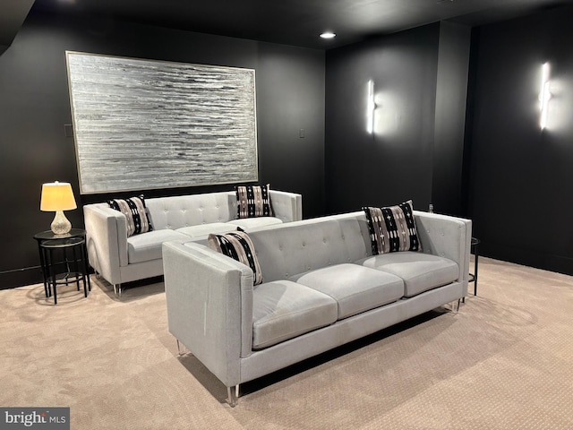cinema room featuring carpet, recessed lighting, and baseboards