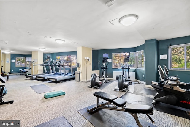 workout area featuring light colored carpet