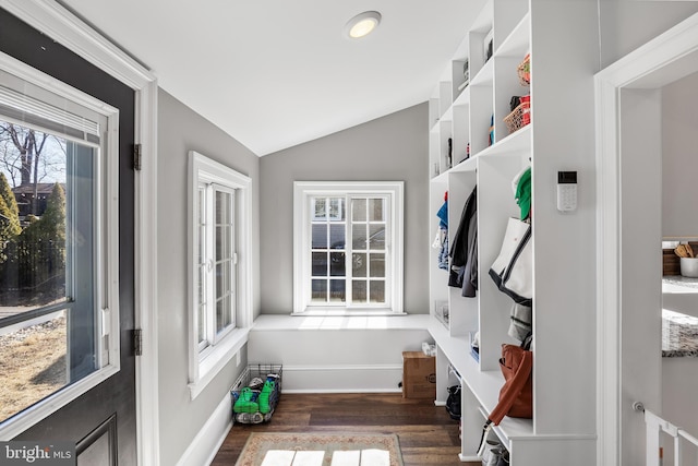 mudroom with dark wood-type flooring, recessed lighting, vaulted ceiling, and baseboards