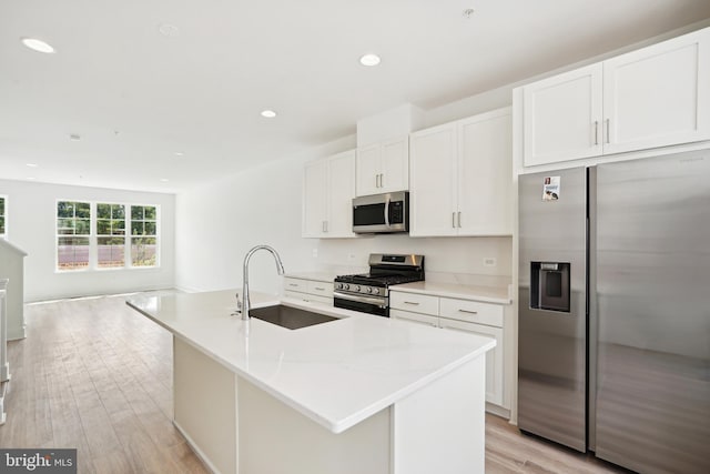 kitchen with white cabinetry, sink, stainless steel appliances, and a kitchen island with sink