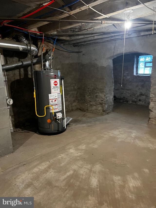 basement featuring gas water heater