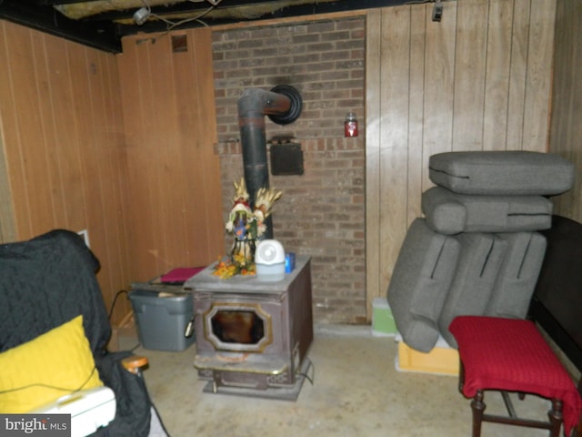 sitting room with wood walls