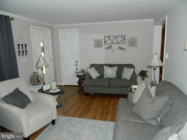 living room with ornamental molding and dark hardwood / wood-style flooring