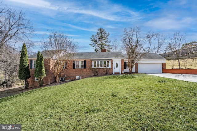 single story home with concrete driveway, brick siding, an attached garage, and a front lawn