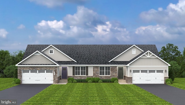 view of front of property featuring aphalt driveway, an attached garage, a front yard, and a shingled roof