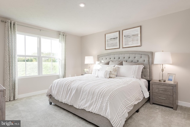 bedroom with light carpet