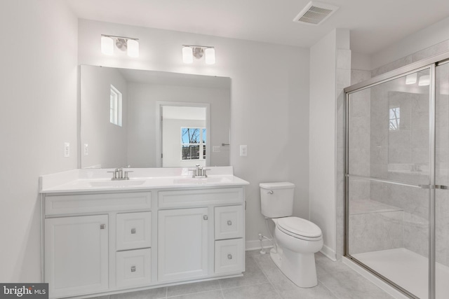 bathroom with a shower stall, toilet, visible vents, and a sink