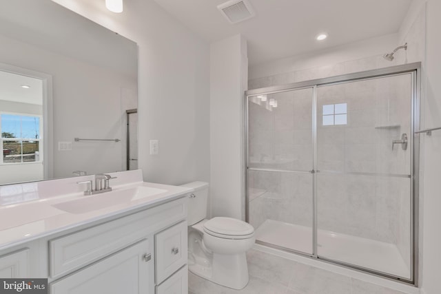 bathroom featuring visible vents, vanity, toilet, and a shower stall