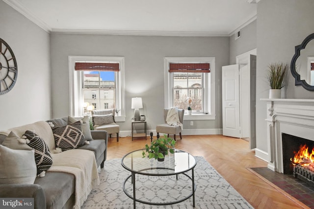 living room with parquet flooring and ornamental molding