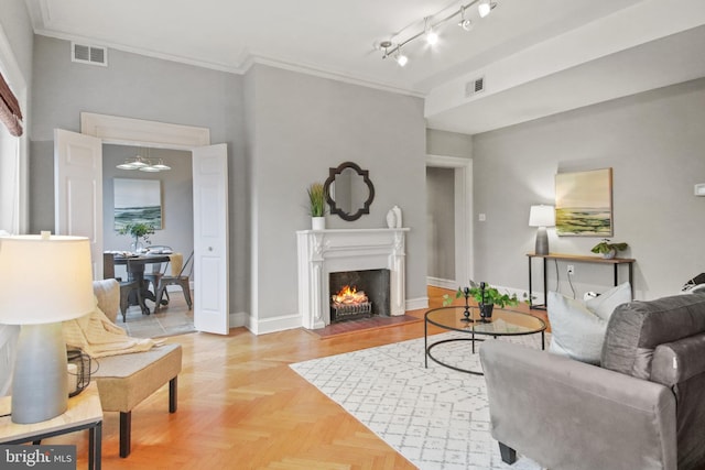 living room with parquet floors, ornamental molding, and rail lighting