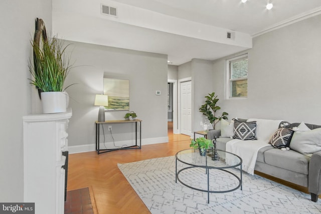 living room with light parquet flooring