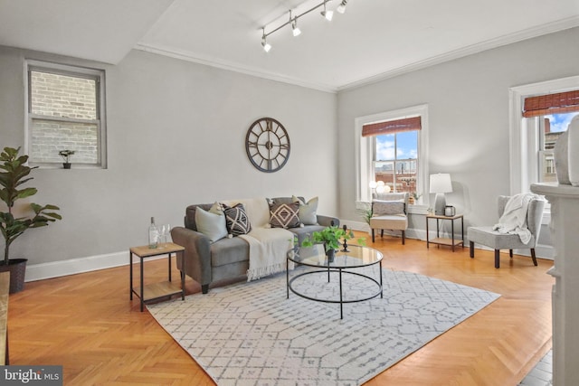 living room featuring ornamental molding, rail lighting, and light parquet flooring