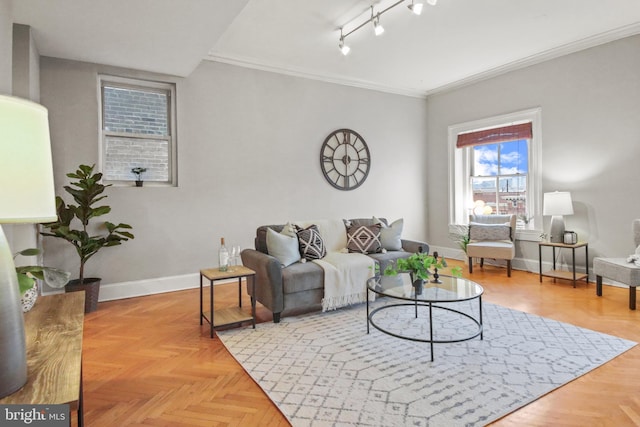 living room featuring light parquet floors, crown molding, and track lighting