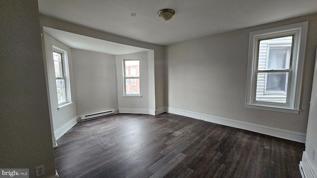 empty room featuring dark hardwood / wood-style floors and baseboard heating