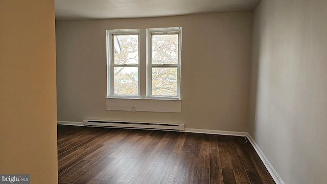 unfurnished room featuring a baseboard radiator and dark hardwood / wood-style flooring