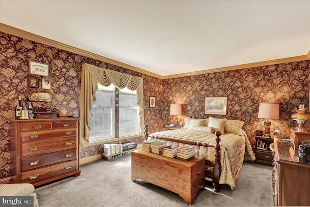 bedroom with ornamental molding, carpet, baseboards, and wallpapered walls