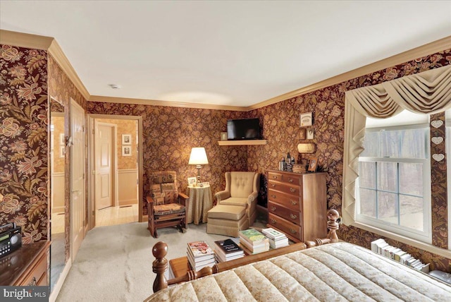 bedroom featuring crown molding, carpet flooring, and wallpapered walls