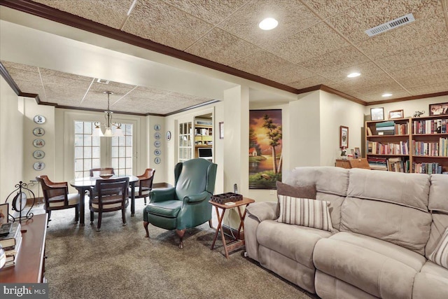 living area with ornamental molding, recessed lighting, visible vents, and carpet