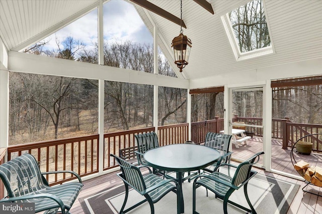 sunroom / solarium with vaulted ceiling with skylight and plenty of natural light