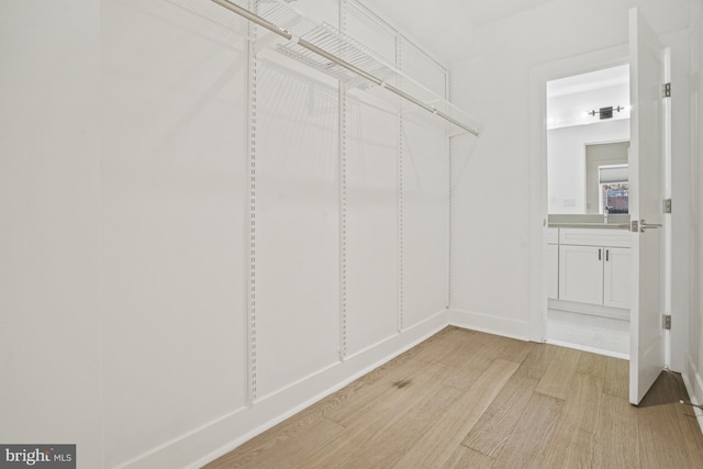 walk in closet with light wood-style flooring