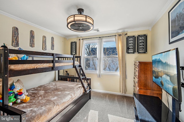 carpeted bedroom with crown molding