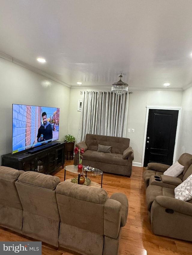 living room with ornamental molding and light hardwood / wood-style flooring