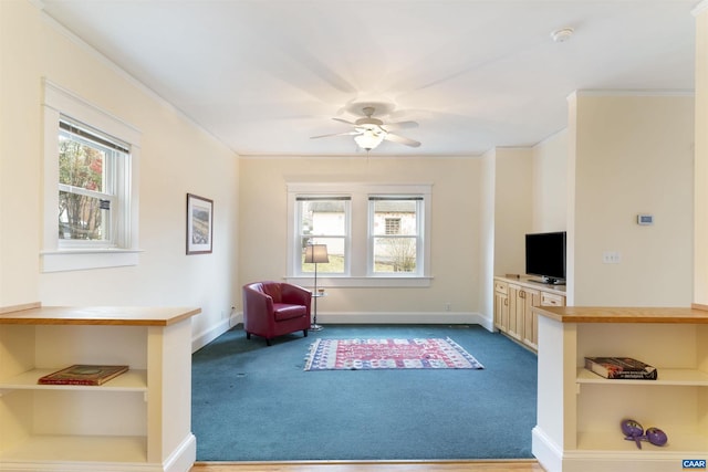 living area featuring ceiling fan and carpet