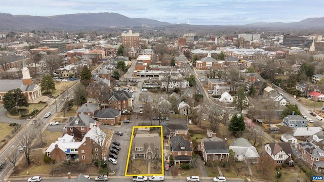 drone / aerial view featuring a mountain view