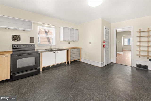 kitchen featuring black range with electric stovetop, a healthy amount of sunlight, sink, and exhaust hood