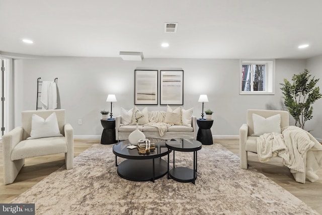 living room with light hardwood / wood-style flooring