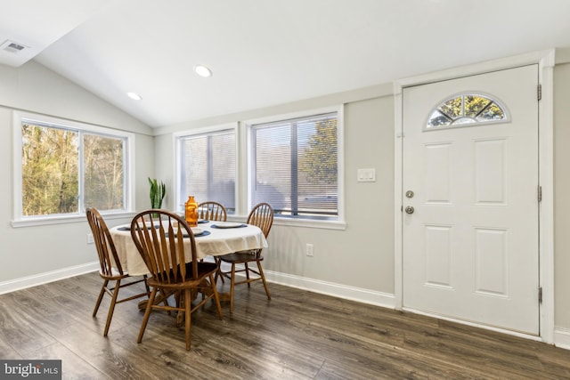 dining room featuring lofted ceiling and dark wood-type flooring