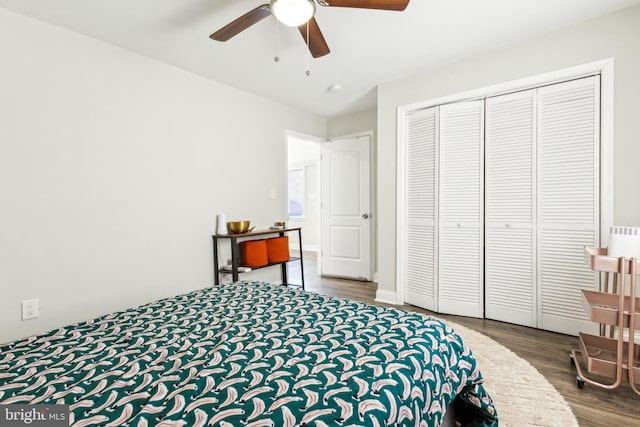 bedroom featuring wood-type flooring, a closet, and ceiling fan