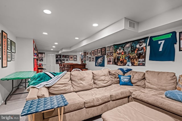 living room with light colored carpet