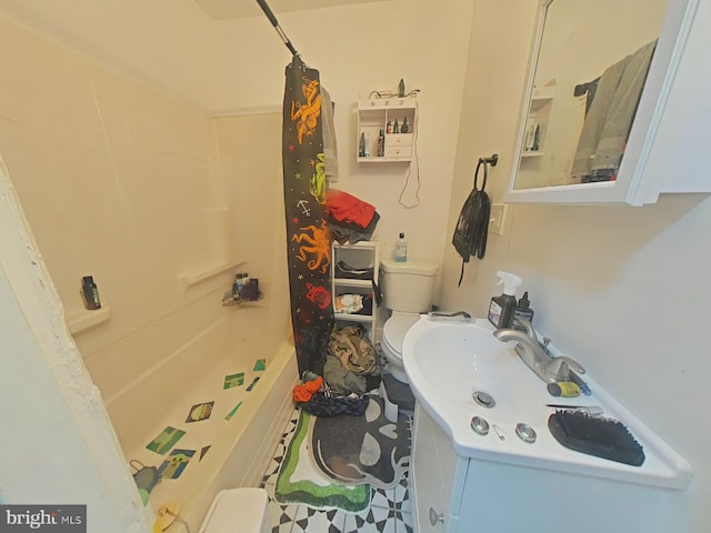 bathroom with shower / bath combination with curtain and toilet