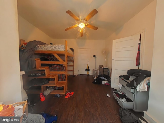 bedroom featuring dark wood-type flooring and ceiling fan