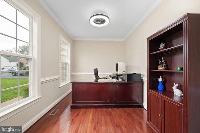 office with crown molding and hardwood / wood-style floors