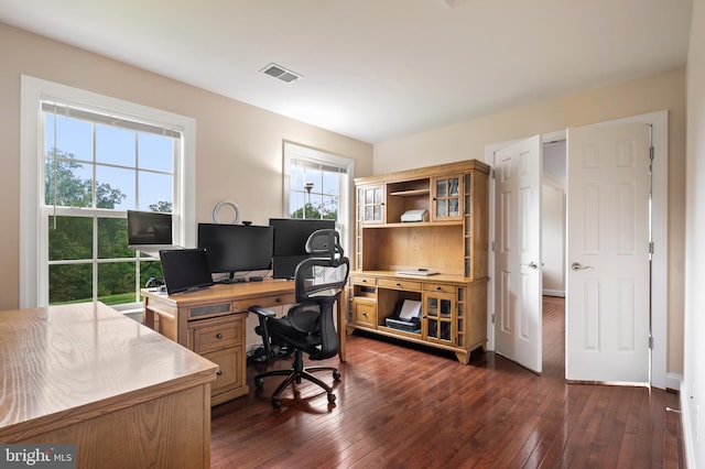 home office with dark hardwood / wood-style floors