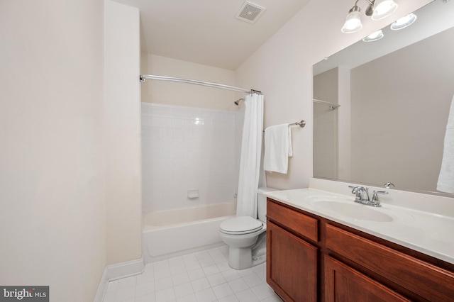 full bathroom with vanity, tile patterned floors, shower / bath combination with curtain, and toilet