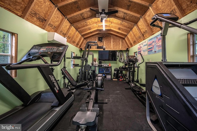 workout area featuring lofted ceiling and ceiling fan