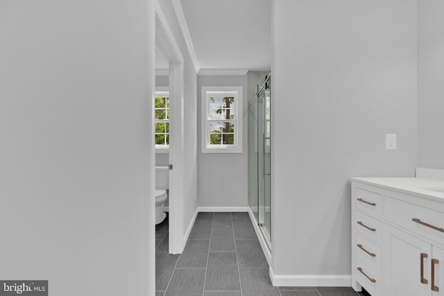 bathroom with toilet, a stall shower, crown molding, and vanity