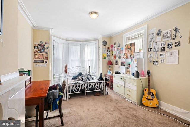 bedroom featuring multiple windows, crown molding, and carpet floors